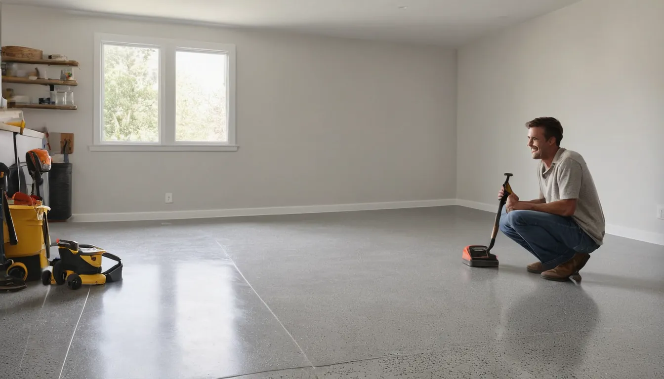 Freshly coated concrete basement floor in a Hamel home with a provider checking the finish