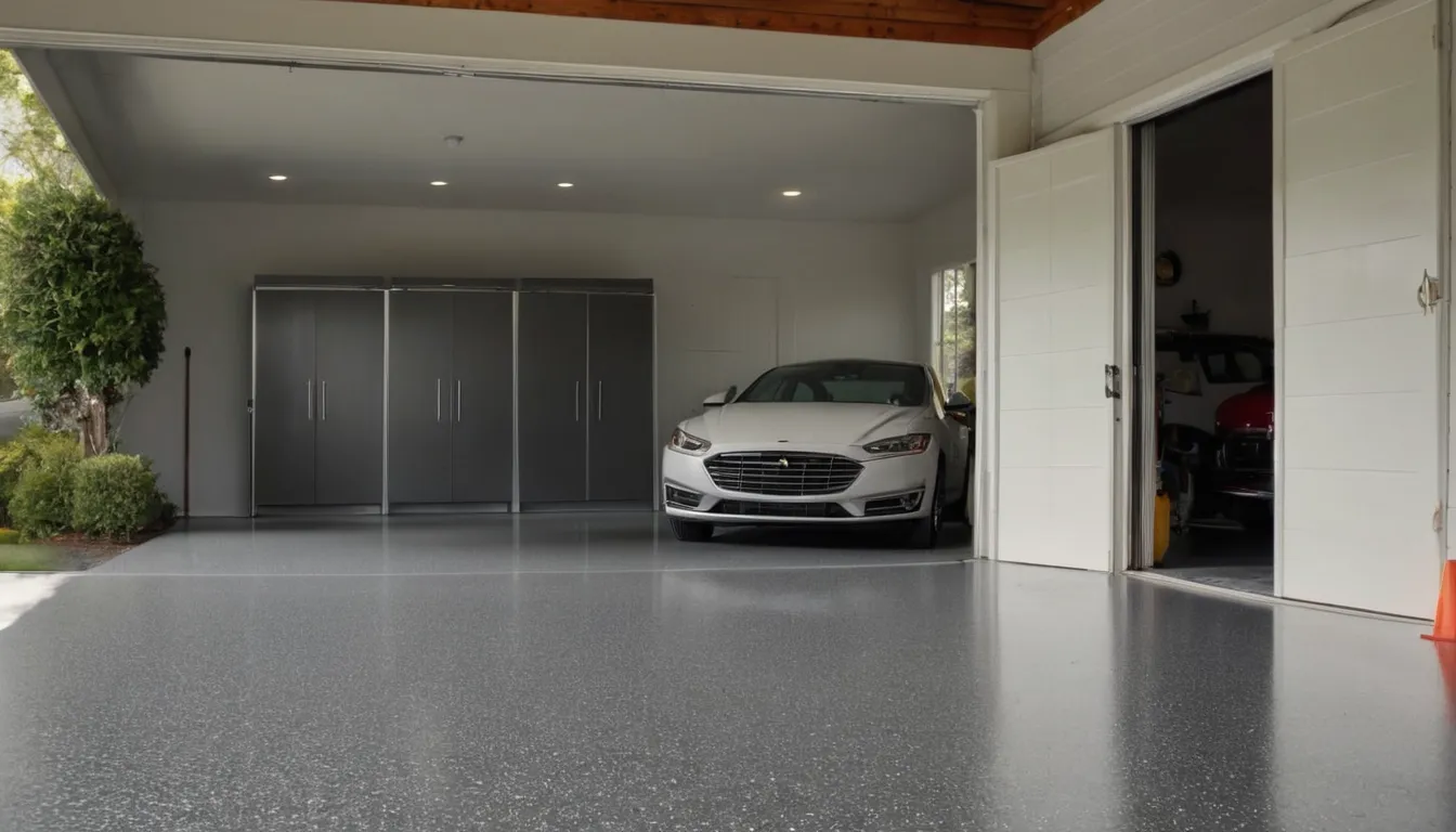 Clean epoxy-coated garage floor with flake finish in a home in Hamel